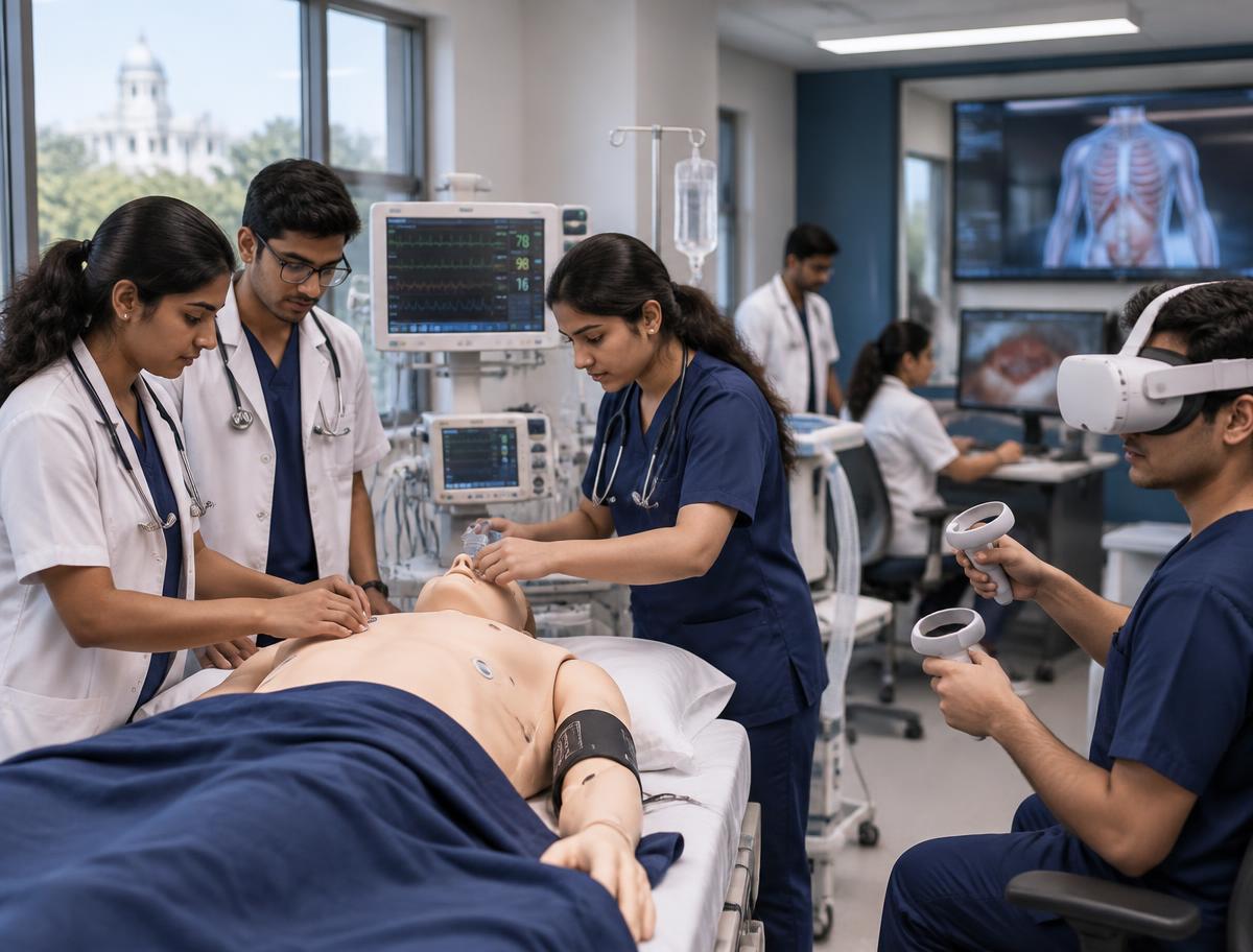 Students training in an advanced medical simulation lab