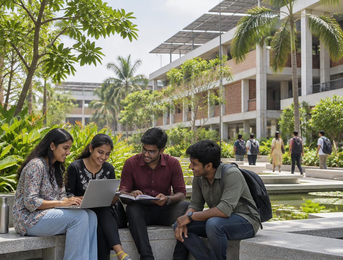 Students studying in a green campus courtyard